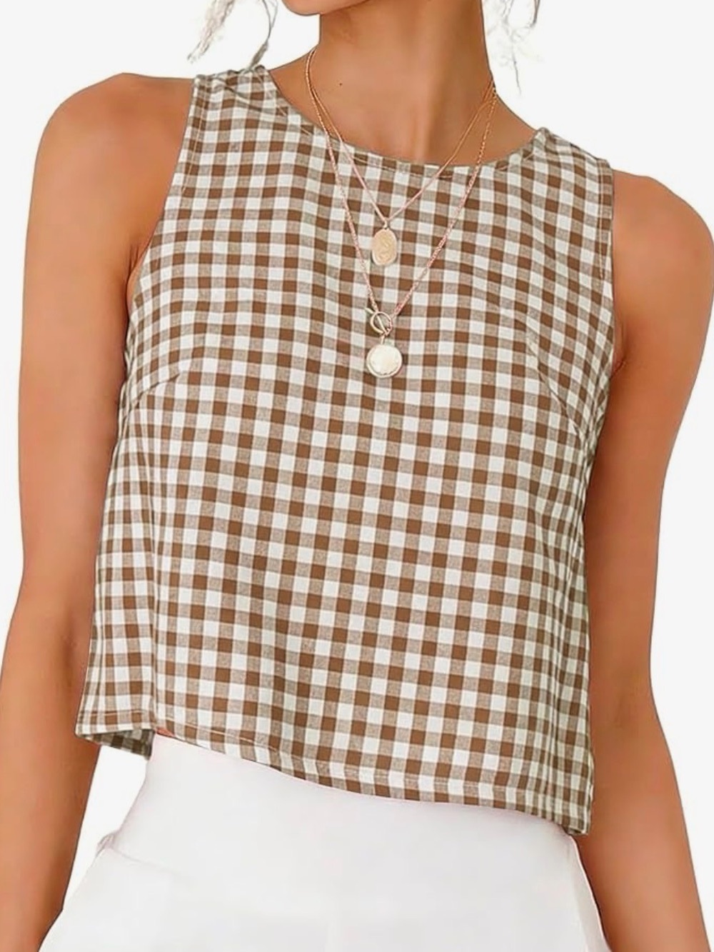 Sleeveless Brown Gingham Crop Top